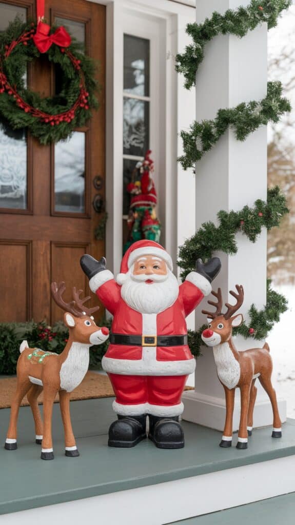 A festive porch display featuring a Santa Claus statue with open arms, flanked by two reindeer. A wreath with a red bow hangs on the wooden front door, and a pillar is wrapped with a garland.