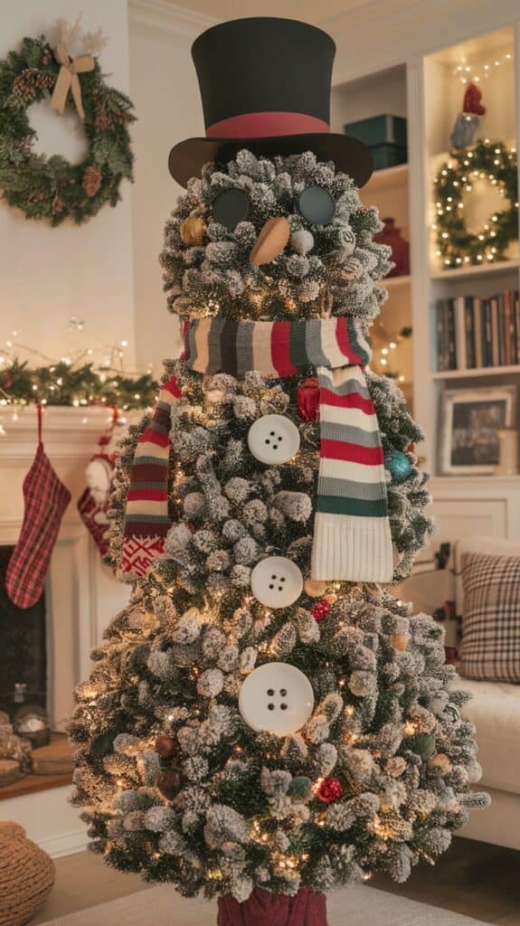 A Christmas tree decorated to look like a snowman, featuring a black top hat, scarf, large buttons, and a carrot-like nose, surrounded by holiday decorations in a cozy living room.