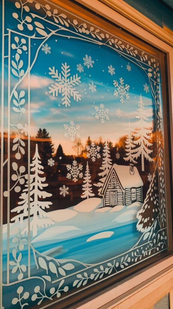 A window features a winter-themed design with white outlines of snowflakes, pine trees, and a small cabin against a clear blue sky.