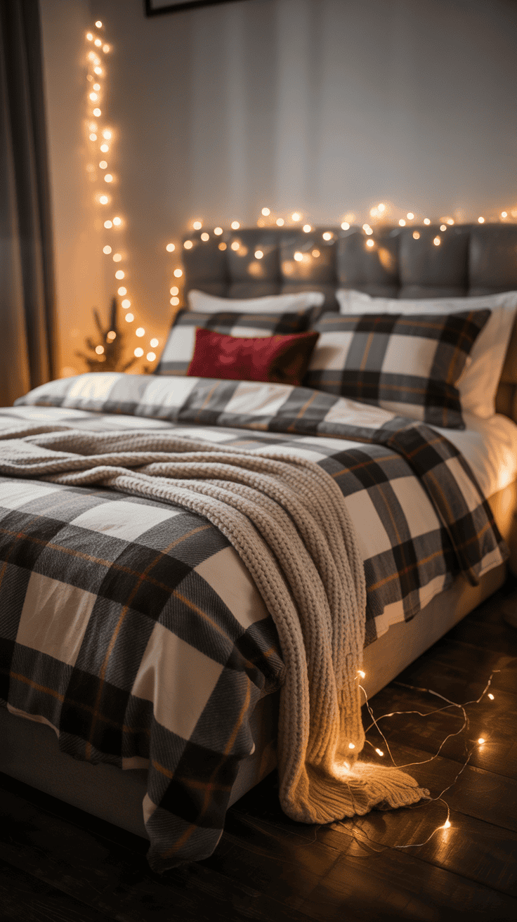 A cozy bedroom with a bed featuring plaid bedding and pillows, a red accent pillow, and a knitted throw blanket. The headboard and a small tree in the corner are adorned with soft, glowing string lights, creating a warm and inviting atmosphere.