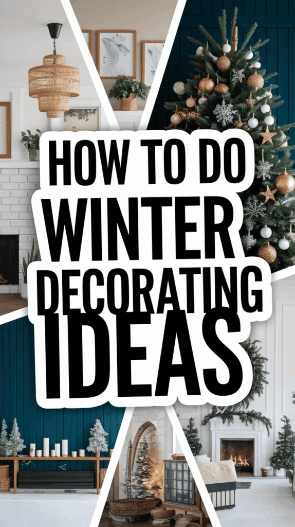 Collage image featuring different winter decorating ideas, including a Christmas tree with ornaments, a modern fireplace with greenery, and various cozy setups with candles and woven decor. Text overlay reads, 'How to Do Winter Decorating Ideas.'