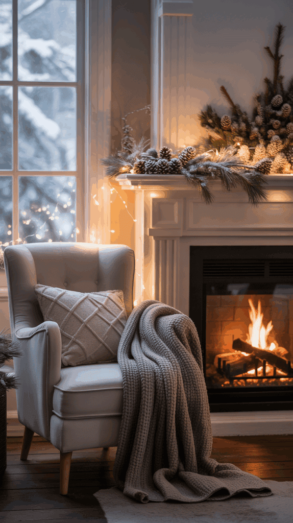 Cozy living room scene with a white armchair, gray knitted blanket, and plaid cushion next to a decorated fireplace with pine cones and greenery, set against a snowy window backdrop.