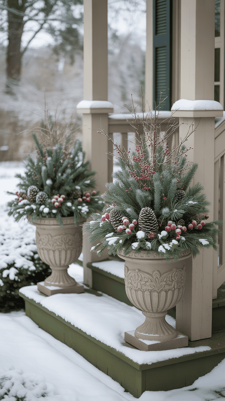 Two decorative planters filled with pine branches, pine cones, and red berries are placed on a snow-covered porch.