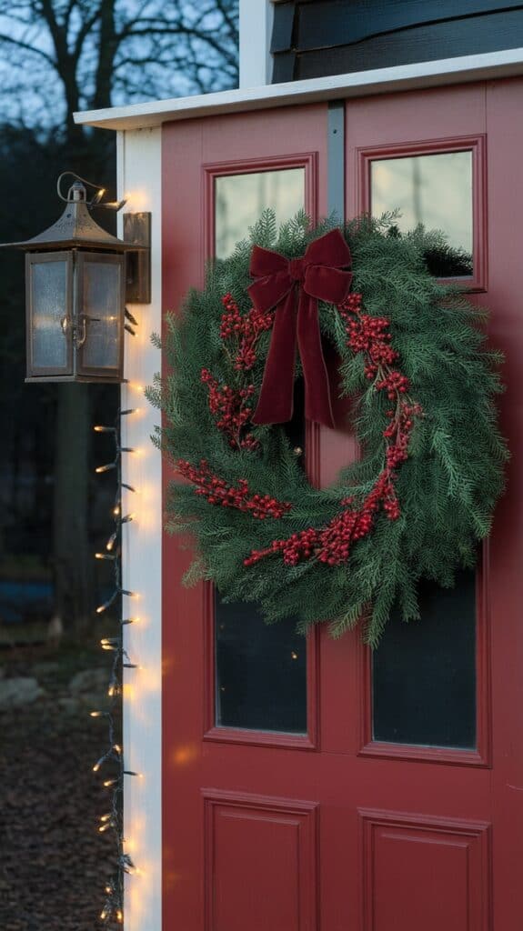 A decorative green wreath adorned with red berries and a large red bow is hanging on a red door. A lantern-style light fixture and string lights are attached to the wall next to the door.
