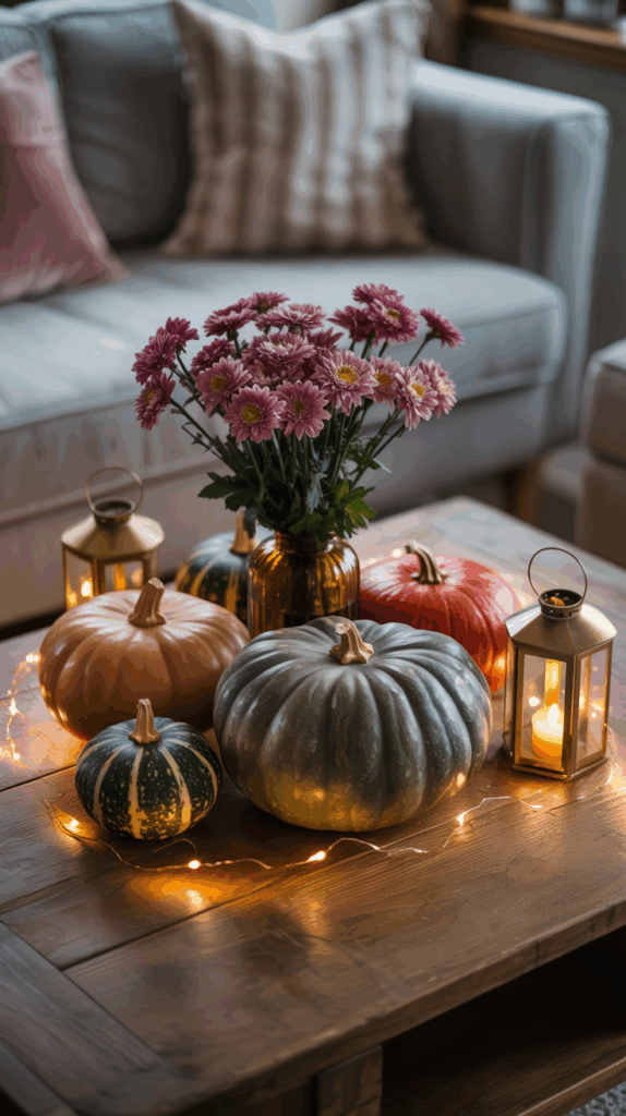 A cozy living room setting featuring a wooden coffee table decorated with various pumpkins, a bouquet of purple flowers in a vase, and lit candles in lanterns, surrounded by string lights.