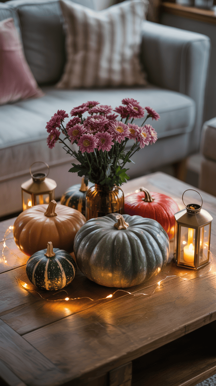 A cozy living room setting featuring a wooden coffee table decorated with various pumpkins, a bouquet of purple flowers in a vase, and lit candles in lanterns, surrounded by string lights.