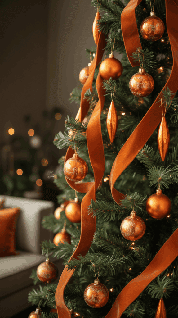 A Christmas tree decorated with orange ribbons and ornaments, including spherical and elongated shapes, in a warmly lit living room.