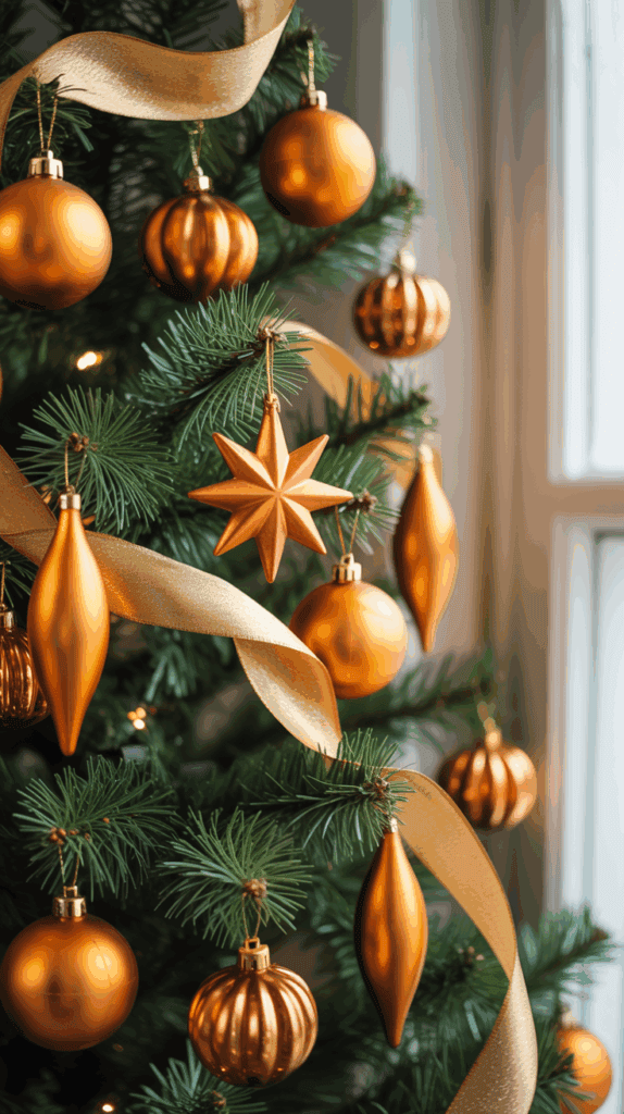 A Christmas tree decorated with orange ornaments and a gold ribbon, featuring round, ribbed, and elongated baubles, as well as a star-shaped ornament.