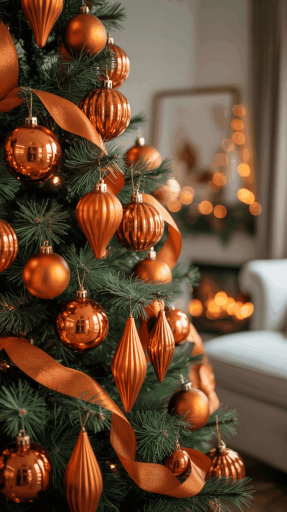 A Christmas tree decorated with shiny orange baubles and ribbons, set in a cozy living room with blurred warm lights in the background.