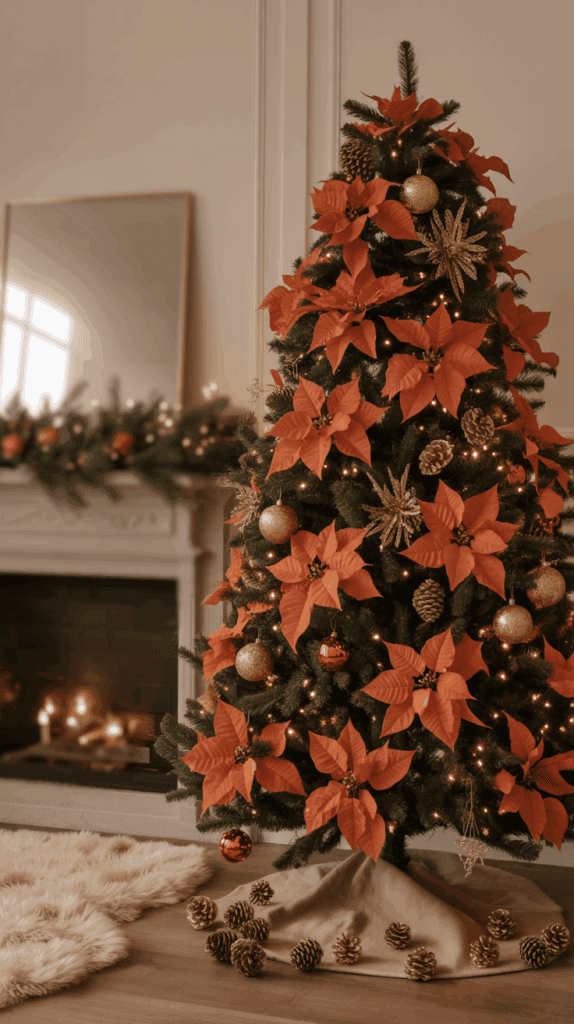 A decorated Christmas tree adorned with large poinsettia flowers, golden ornaments, and pinecones stands beside a fireplace with a garland and candles in a cozy room.