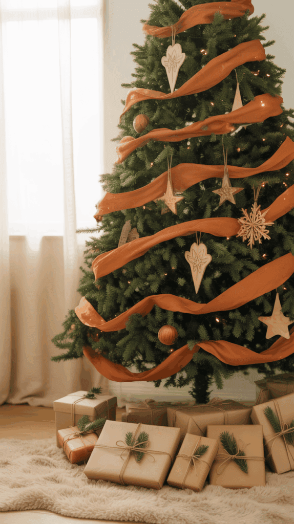 A decorated Christmas tree with orange ribbon and wooden ornaments stands next to a window, with a pile of wrapped gifts underneath, placed on a fluffy rug.
