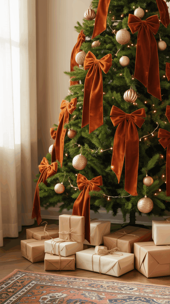 A Christmas tree decorated with large red velvet bows and gold baubles, surrounded by wrapped presents in cream and brown paper, atop a wooden floor with a patterned rug.