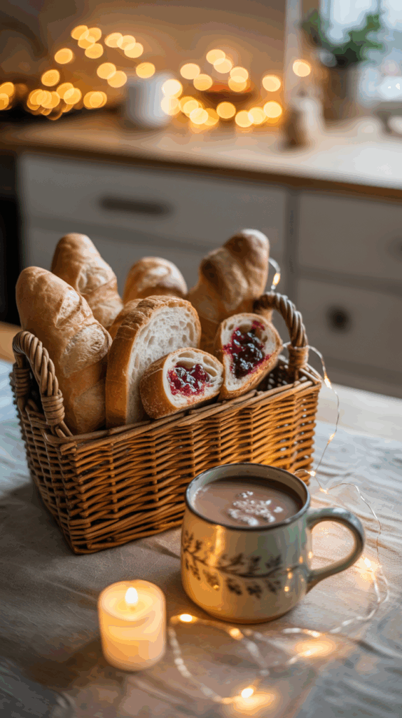 A wicker basket filled with various types of bread, including slices with jam. A green mug filled with a hot beverage and a lit candle are in the foreground, with blurred string lights in the background, creating a cozy atmosphere.