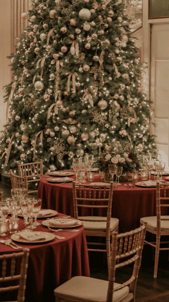 A lavishly decorated Christmas tree with gold and silver ornaments stands behind elegantly set round tables, covered with red tablecloths and adorned with glassware and floral centerpieces, in a warm, festive atmosphere.