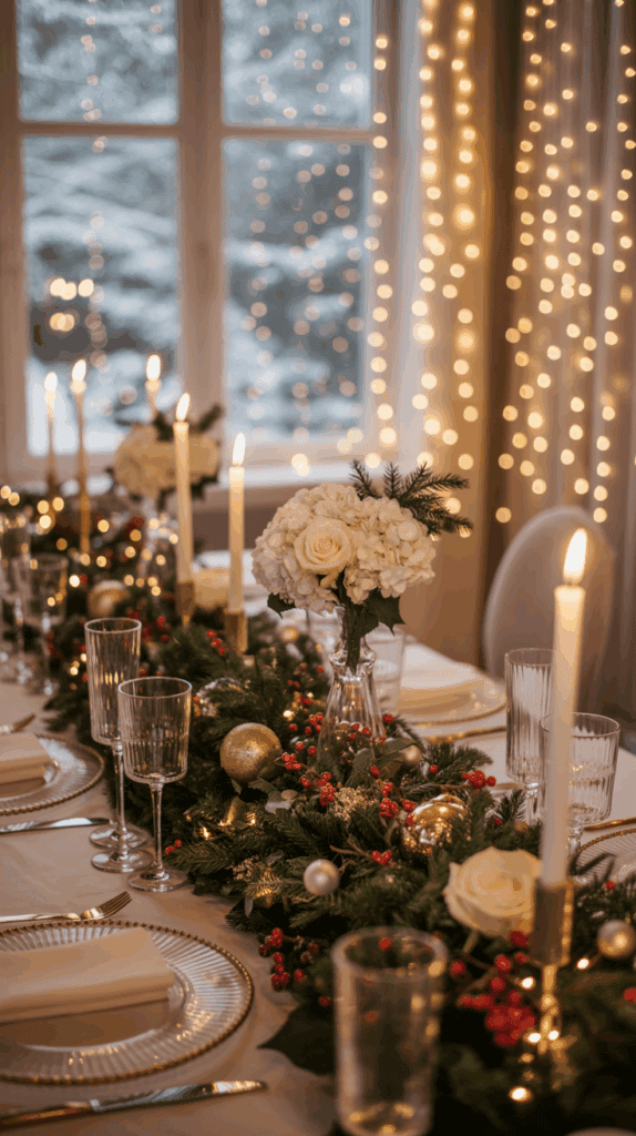 A festive dining table set for a holiday celebration with elegant white and gold tableware, crystal glasses, and a greenery centerpiece adorned with red berries and gold ornaments. Lit candles and fairy lights add a warm glow, while a snow-covered landscape is visible through the window in the background.