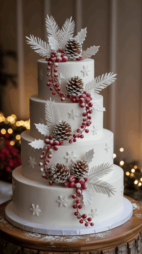 A four-tiered white wedding cake decorated with pine cones, red berries, and frosted leaves, arranged in a spiral pattern; snowflake designs are embossed on the cake's surface, and it sits on a wooden base against a softly lit background.