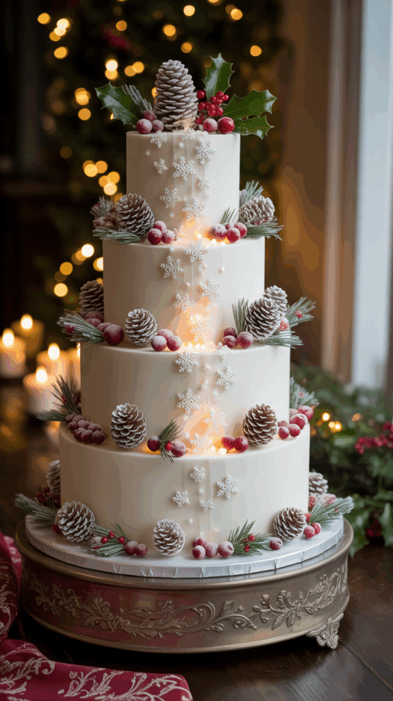A four-tiered winter-themed cake adorned with pine cones, red berries, holly leaves, and snowflake decorations, set on a decorative silver cake stand with a backdrop of glowing candles and Christmas lights.
