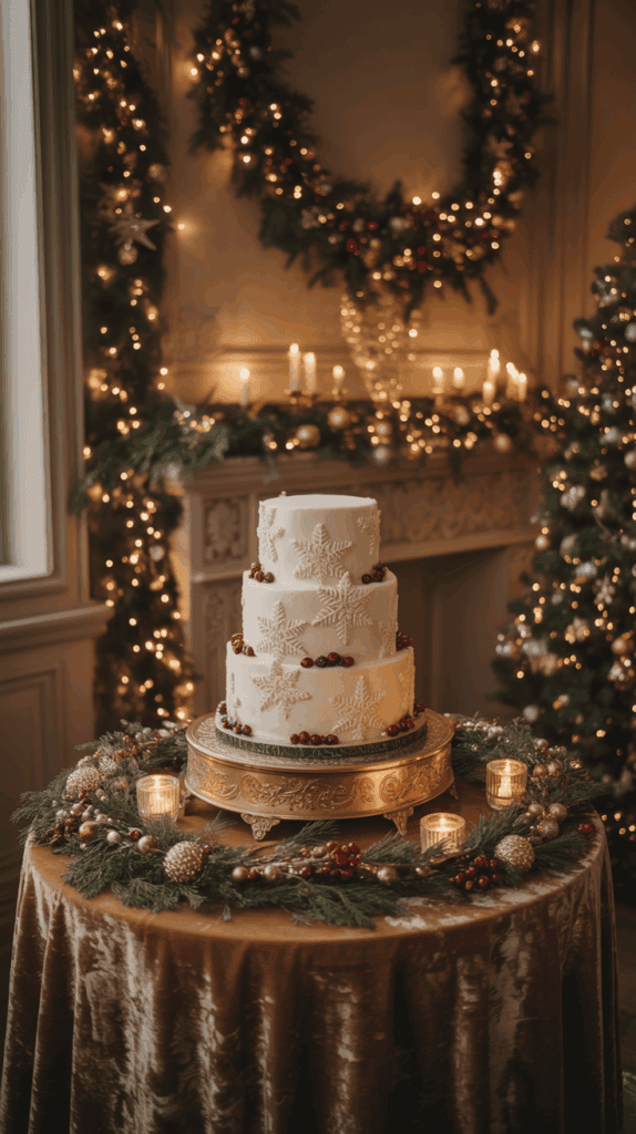 A three-tiered white cake decorated with snowflake designs and small red berries sits on a golden stand, surrounded by Christmas garland and candles, in a festive setting with twinkling lights and seasonal decorations.