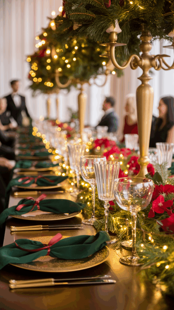 A festive banquet table set with elegant gold-rimmed plates, green napkins tied with red ribbons, crystal glasses, and accented with lush holiday greenery and twinkling lights above. In the background, several people are seated, dressed formally, creating a sophisticated holiday atmosphere.