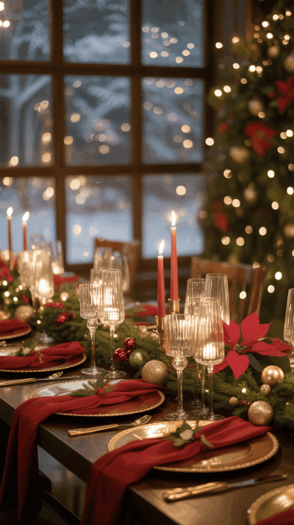 A festive dining table set for Christmas, featuring red and gold decorations, tall candles, and elegant glassware, with a blurred view of a decorated Christmas tree and snowy landscape through a window in the background.