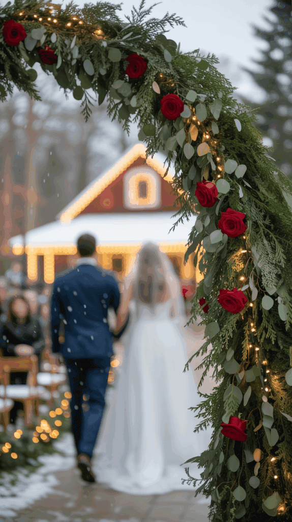 A bride and groom walk arm in arm towards a warmly lit building adorned with festive decorations, beneath an archway draped with greenery, red roses, and string lights, on a snowy day.