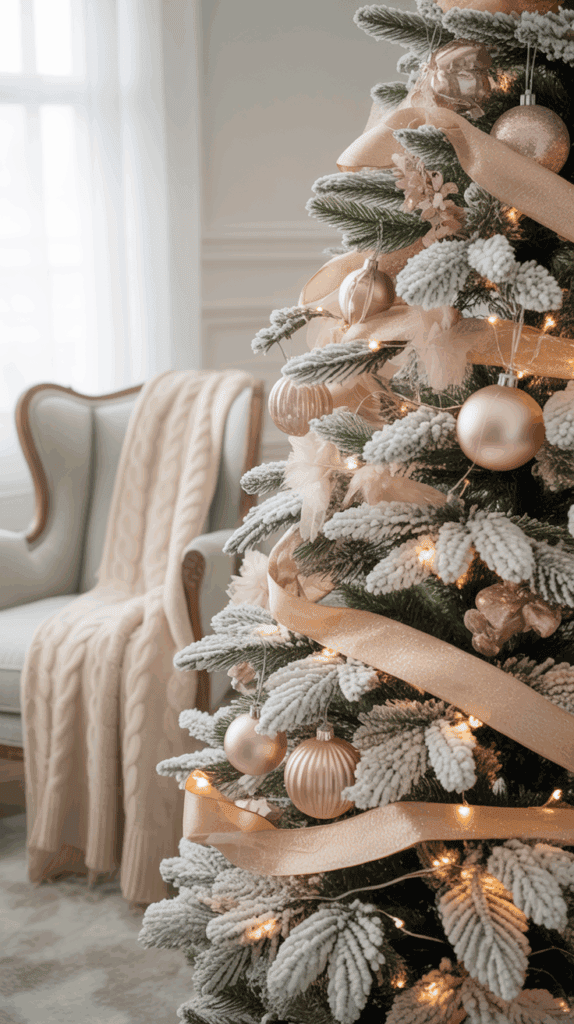 A Christmas tree decorated with pink and copper ornaments, gold ribbon, and white flocking, set near a vintage armchair draped with a cable-knit blanket in a softly lit room.