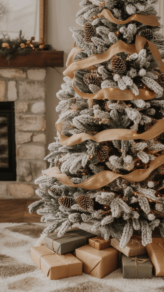 A beautifully decorated Christmas tree with snow-frosted branches, pine cones, and a golden ribbon, surrounded by wrapped gifts in green and brown paper, in a cozy room with a stone fireplace in the background.