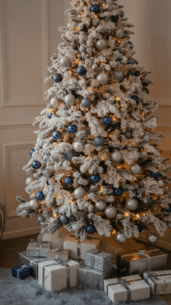 A snow-frosted Christmas tree decorated with blue and silver baubles, with white lights shining through. Several wrapped presents in silver and white paper are arranged under the tree on a fluffy rug.