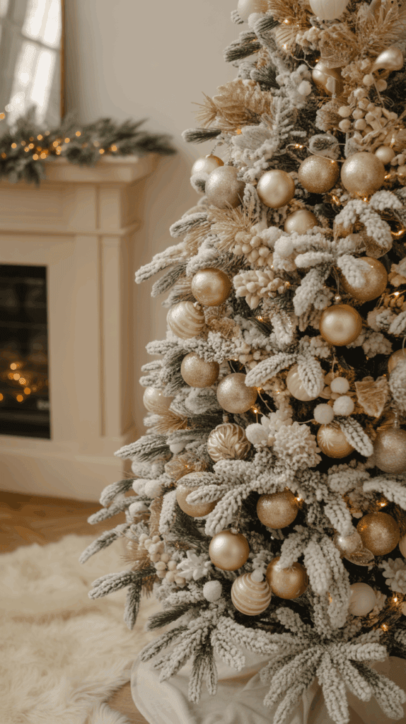 A Christmas tree decorated with gold and white ornaments, including baubles and snow-covered branches, stands beside a fireplace with a garland and warm lights.