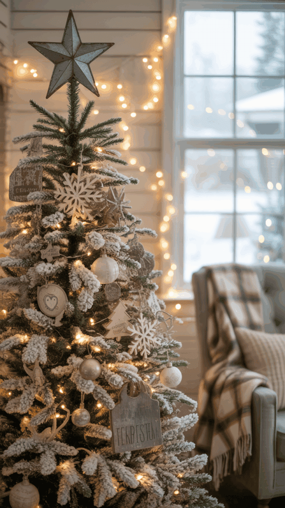 A Christmas tree adorned with a star on top and decorated with snowflakes, wooden ornaments, and warm white lights in a cozy living room with a window and blurred outdoor snow scene in the background.