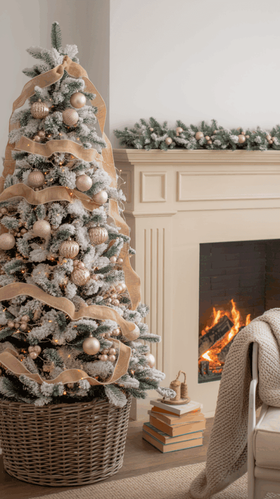 A decorated Christmas tree with pink ornaments and ribbon stands beside a lit fireplace, with books and a cozy blanket nearby.