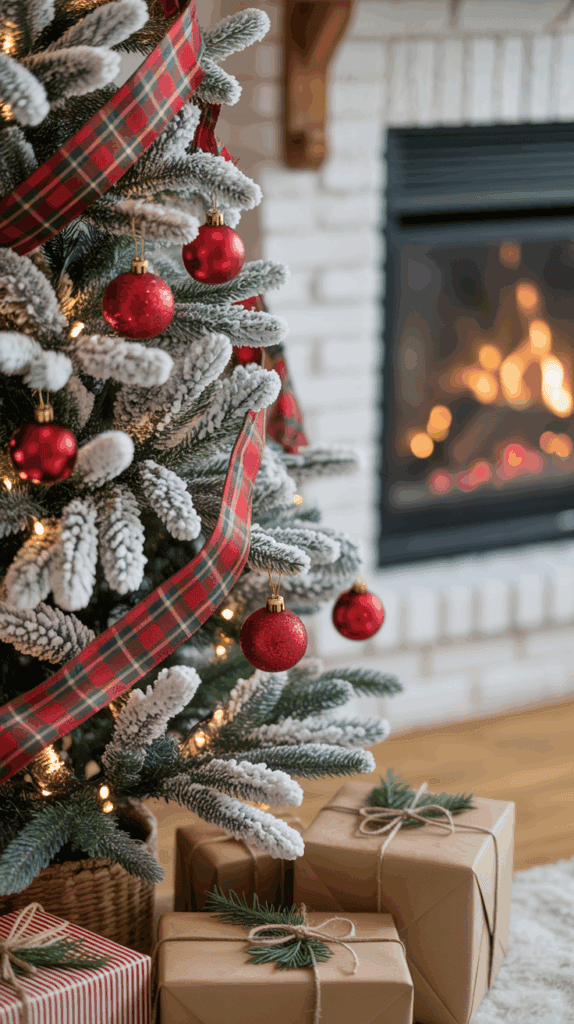 A decorated Christmas tree with red ornaments and plaid ribbon next to a cozy fireplace, with wrapped gifts underneath.