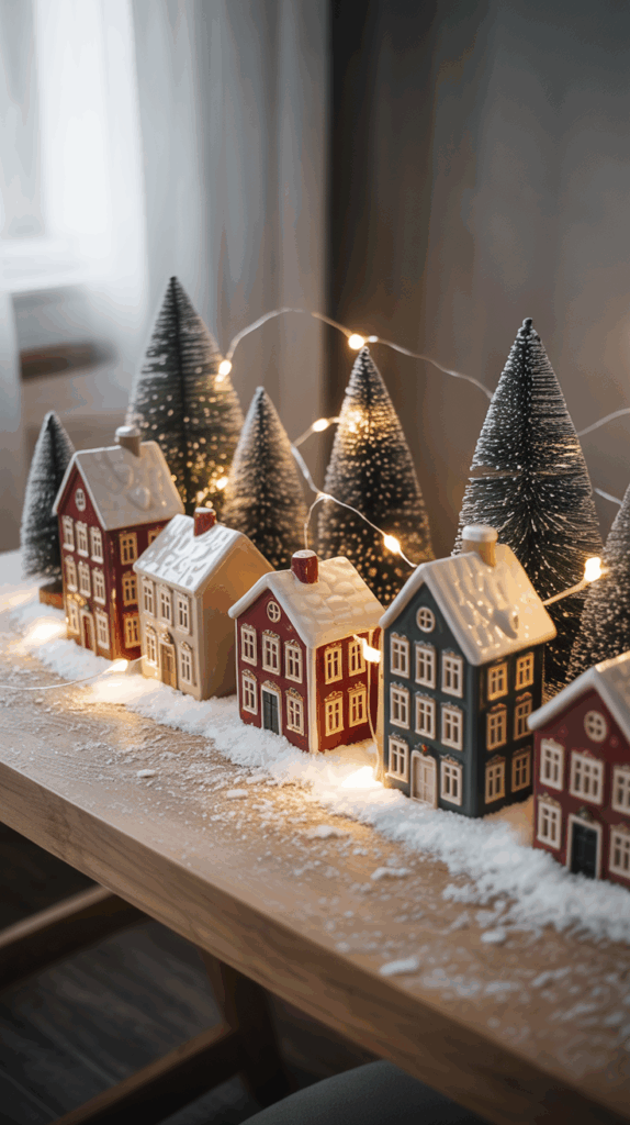 A decorative Christmas village scene with small model houses and snow-covered trees adorned with string lights on a wooden table.
