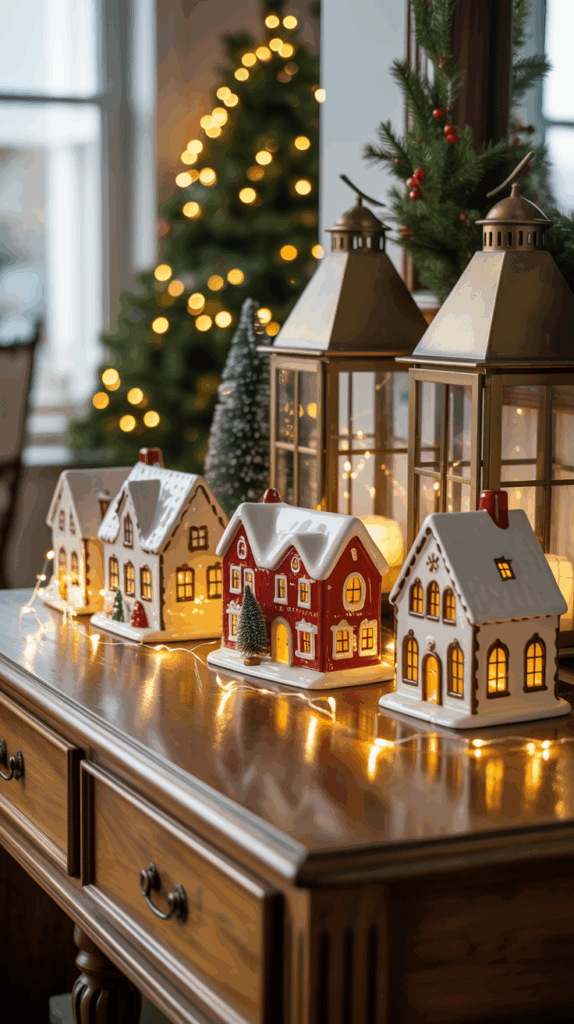 A wooden table with a display of ceramic holiday village houses lit from within by warm string lights, flanked by large lanterns, with a blurred Christmas tree in the background.