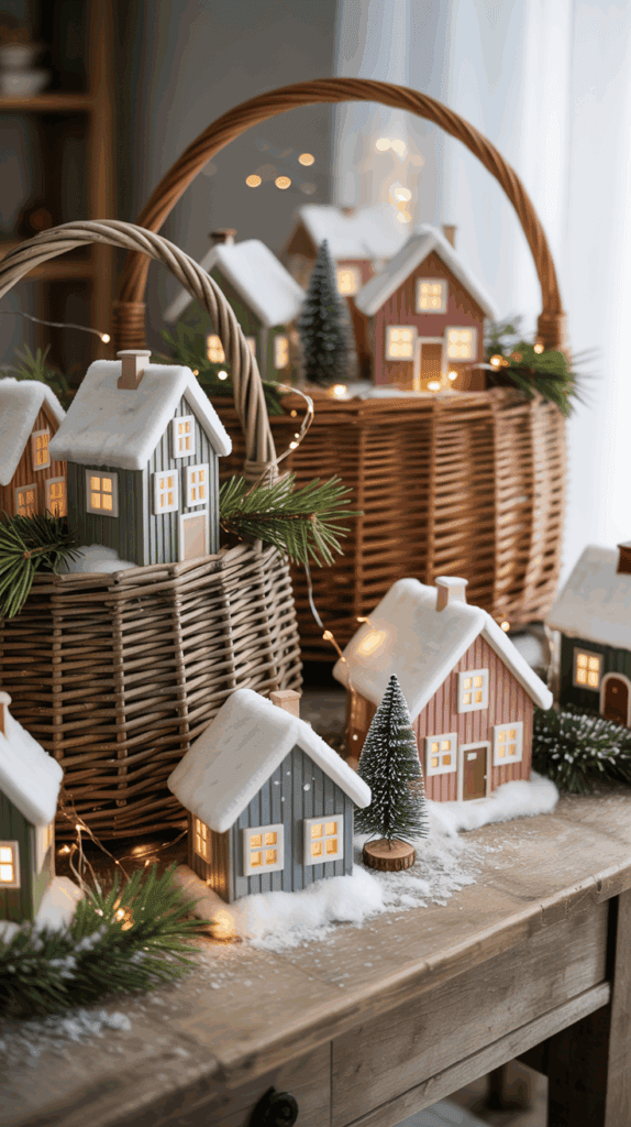 A festive display of small, colorful, snow-topped model houses arranged on a wooden surface and inside wicker baskets, adorned with pine branches and lit with warm string lights, creating a Christmas village scene.