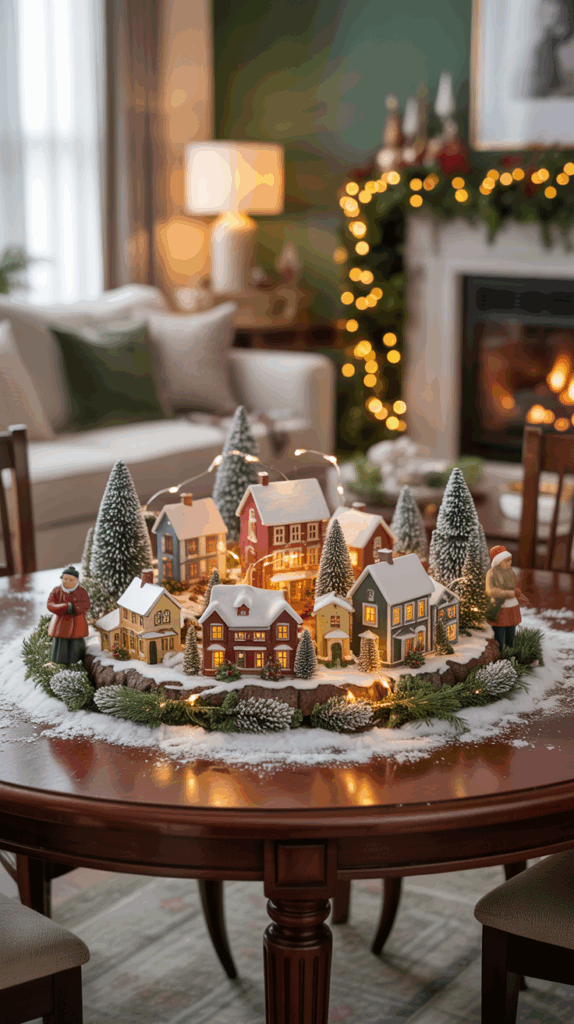 A festive miniature Christmas village on a wooden table, featuring small houses, snow-covered trees, and figurines. The village is illuminated by fairy lights and surrounded by artificial snow and greenery. In the background, a cozy living room setting is visible, with a fireplace and Christmas decorations.