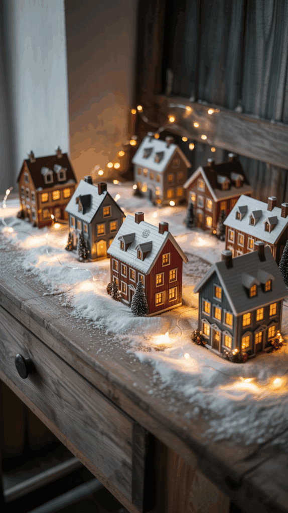 A display of miniature houses on a wooden table, decorated with artificial snow, small trees, and illuminated by fairy lights, creating a cozy holiday scene.