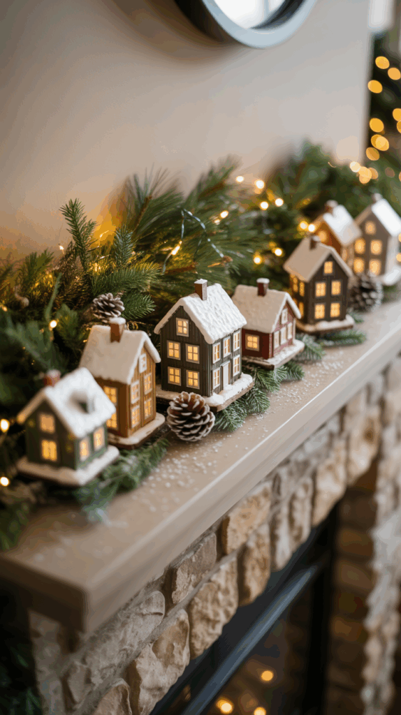 A festive mantel decorated with miniature houses with snow-covered roofs, surrounded by pine branches, pinecones, and string lights.