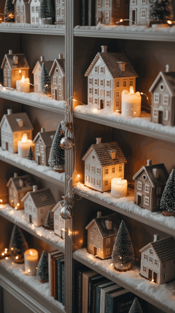 A shelf decorated with miniature house models, small Christmas trees, and candles, all placed on a layer of artificial snow and accented by string lights, creating a cozy holiday atmosphere.