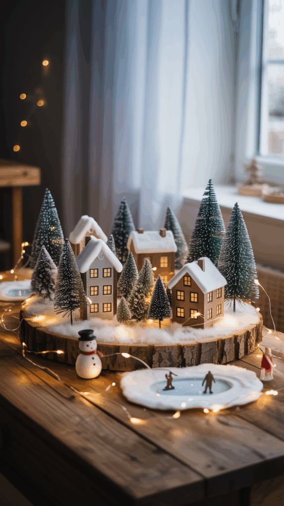 A charming winter village diorama placed on a wooden base, featuring snow-covered houses and pine trees. A snowman and tiny figurines are included, with fairy lights adding a cozy glow to the scene, while a small skating pond is situated in the foreground.