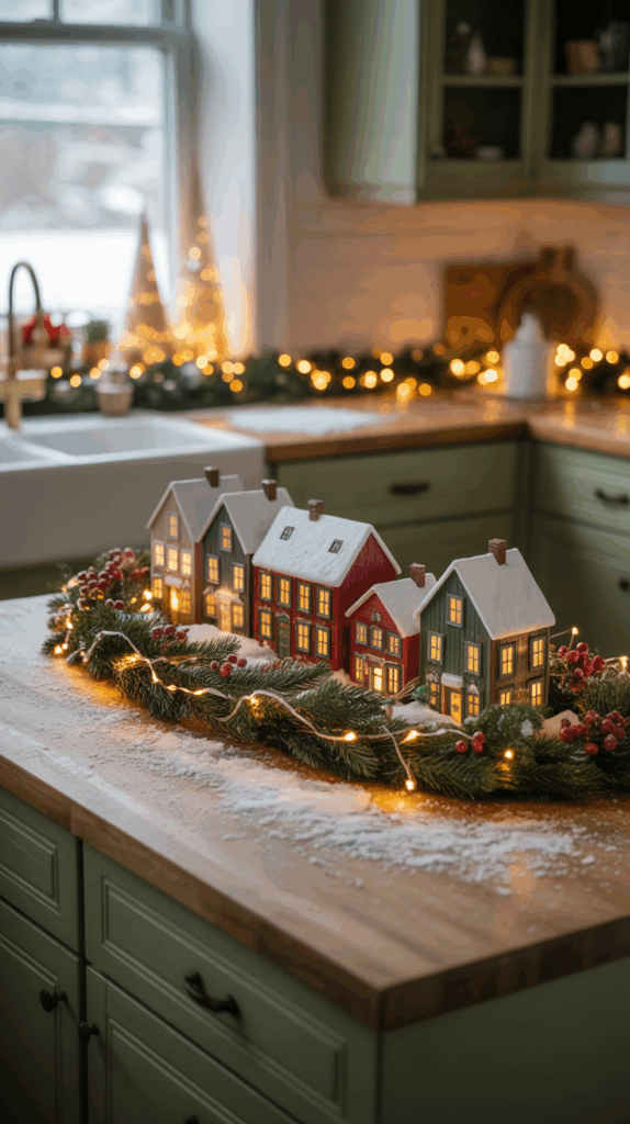 A kitchen decorated for the holidays with a miniature village of snow-dusted colorful houses surrounded by pine branches and string lights on a wooden countertop.
