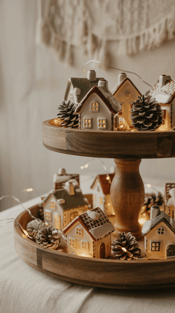 A wooden tiered tray featuring miniature ceramic houses with glowing windows, surrounded by pinecones and string lights, creating a cozy holiday scene.