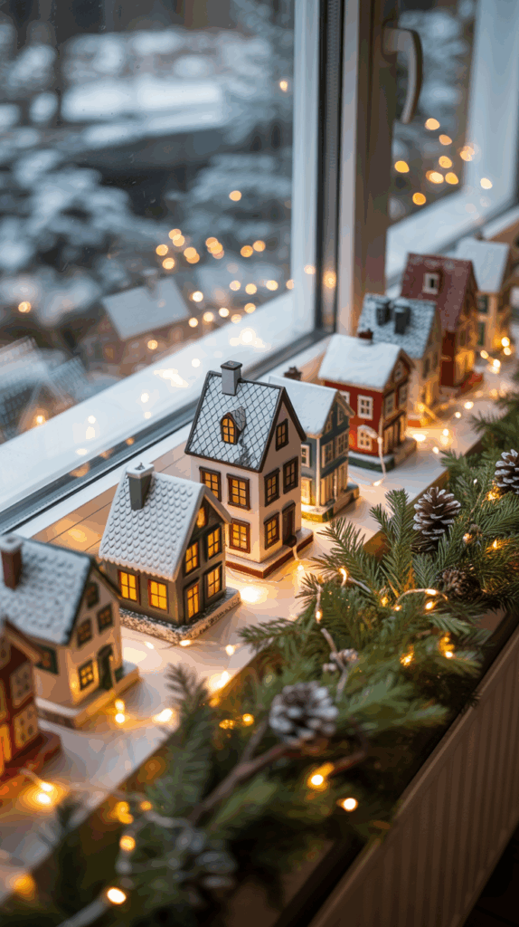 Miniature ceramic houses with lights inside are displayed on a windowsill decorated with pine branches and pinecones, with a snowy outdoor scene visible through the window.