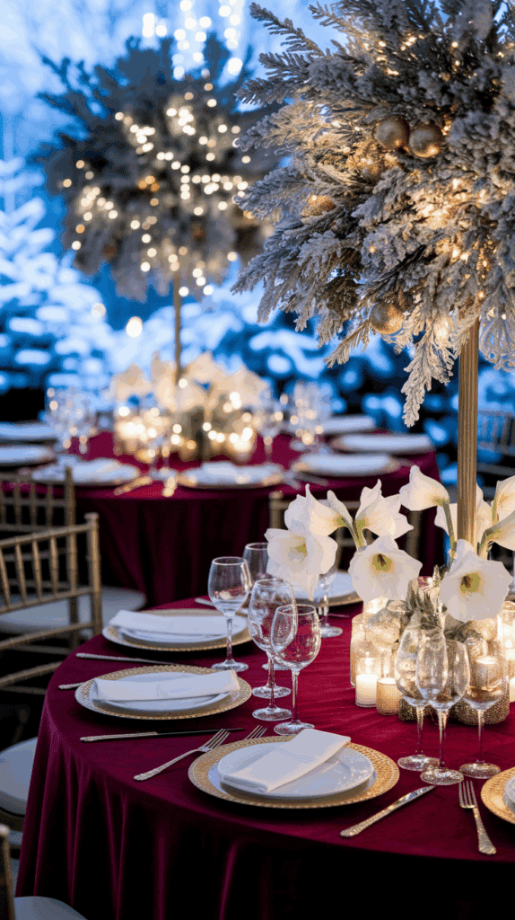 A festive table setting with red tablecloths, white plates, and gold-rimmed chargers. The centerpiece features snowy branches with lights, and tall white flowers. Surrounding the table are elegant chairs and a backdrop of snowy trees with lights.