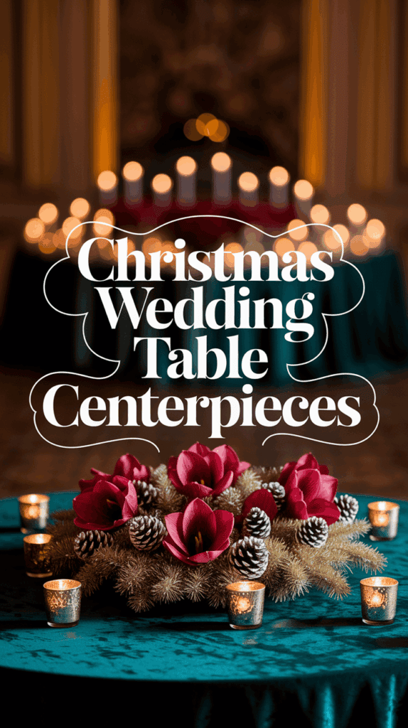 A festive Christmas wedding table centerpiece with red flowers, pine cones, and gold foliage on a blue tablecloth, surrounded by lit votive candles, with the text 'Christmas Wedding Table Centerpieces' overlaying the image.