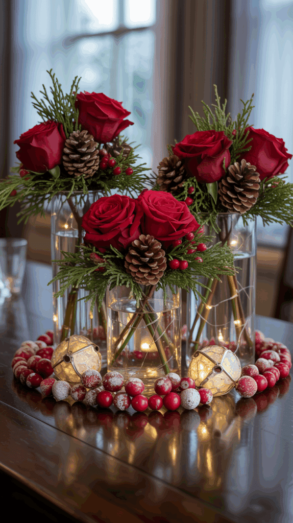 A festive table centerpiece featuring red roses and pinecones in clear glass vases, surrounded by evergreen branches and red berries. The arrangement is accentuated by a string of fairy lights and encircled by a garland of frosted and bright red berries, adding a warm, holiday ambiance.