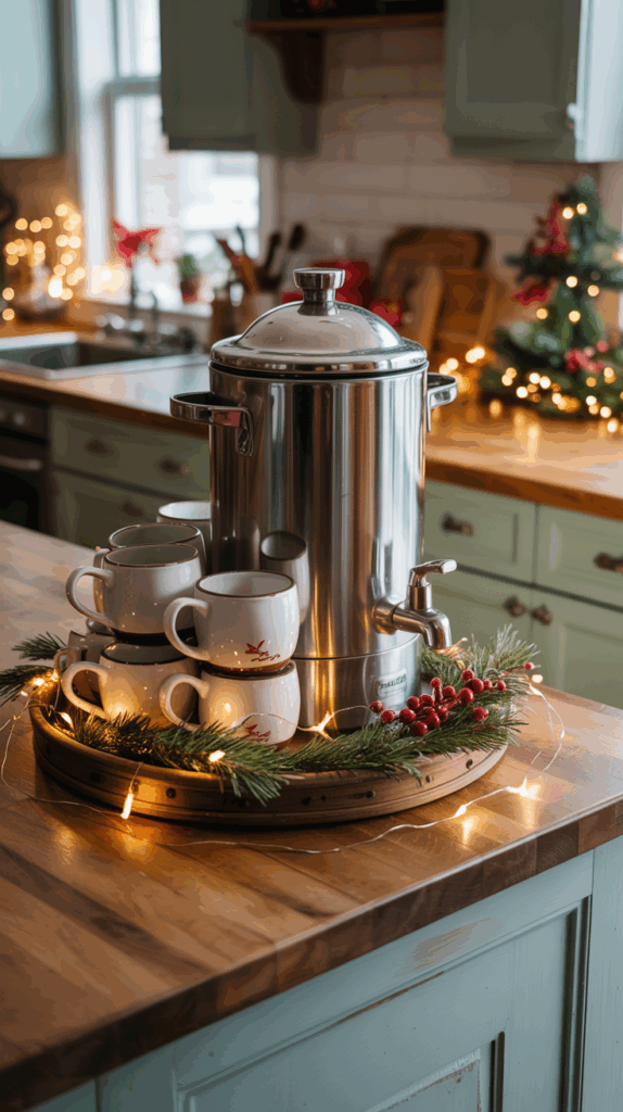A cozy kitchen scene with a large stainless steel coffee urn surrounded by stacked ceramic mugs on a wooden tray, decorated with pine branches, red berries, and string lights, against a backdrop of a festive kitchen with a small Christmas tree and soft lighting.