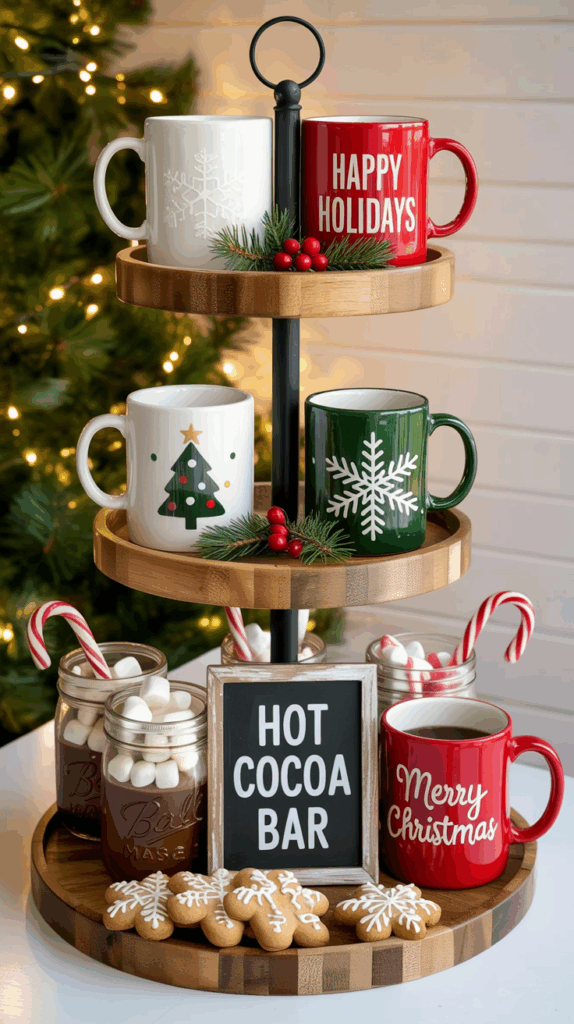 A festive hot cocoa bar setup featuring mugs with holiday designs, gingerbread cookies with snowflake icing, jars of marshmallows and candy canes, and a small sign reading 'Hot Cocoa Bar,' all set against a background with a Christmas tree and warm lights.