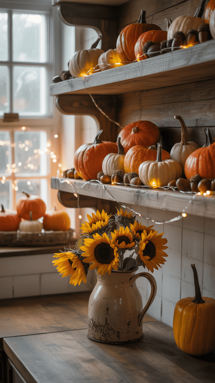 A cozy kitchen scene with shelves displaying a collection of orange and white pumpkins, acorns, and string lights, while a jug filled with bright sunflowers sits on a wooden table, under natural light from a nearby window.