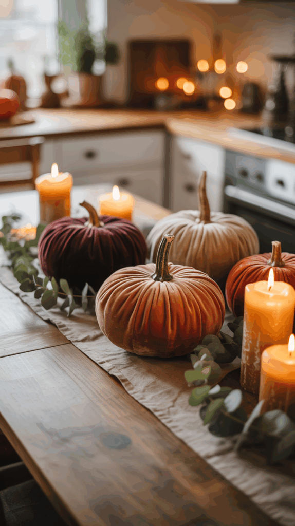 A cozy fall-themed table setting with velvet pumpkins in orange, burgundy, and cream colors, surrounded by lit candles and greenery, creating a warm atmosphere in a kitchen.